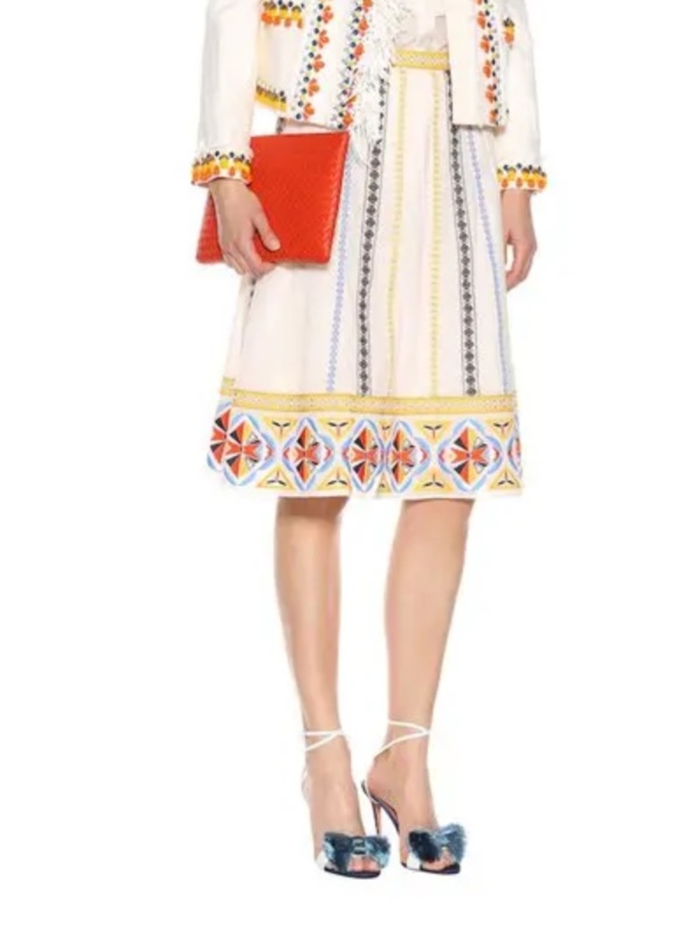 Tory Burch Cream A-Line Skirt with Yellow, Blue and Red Geometric Border